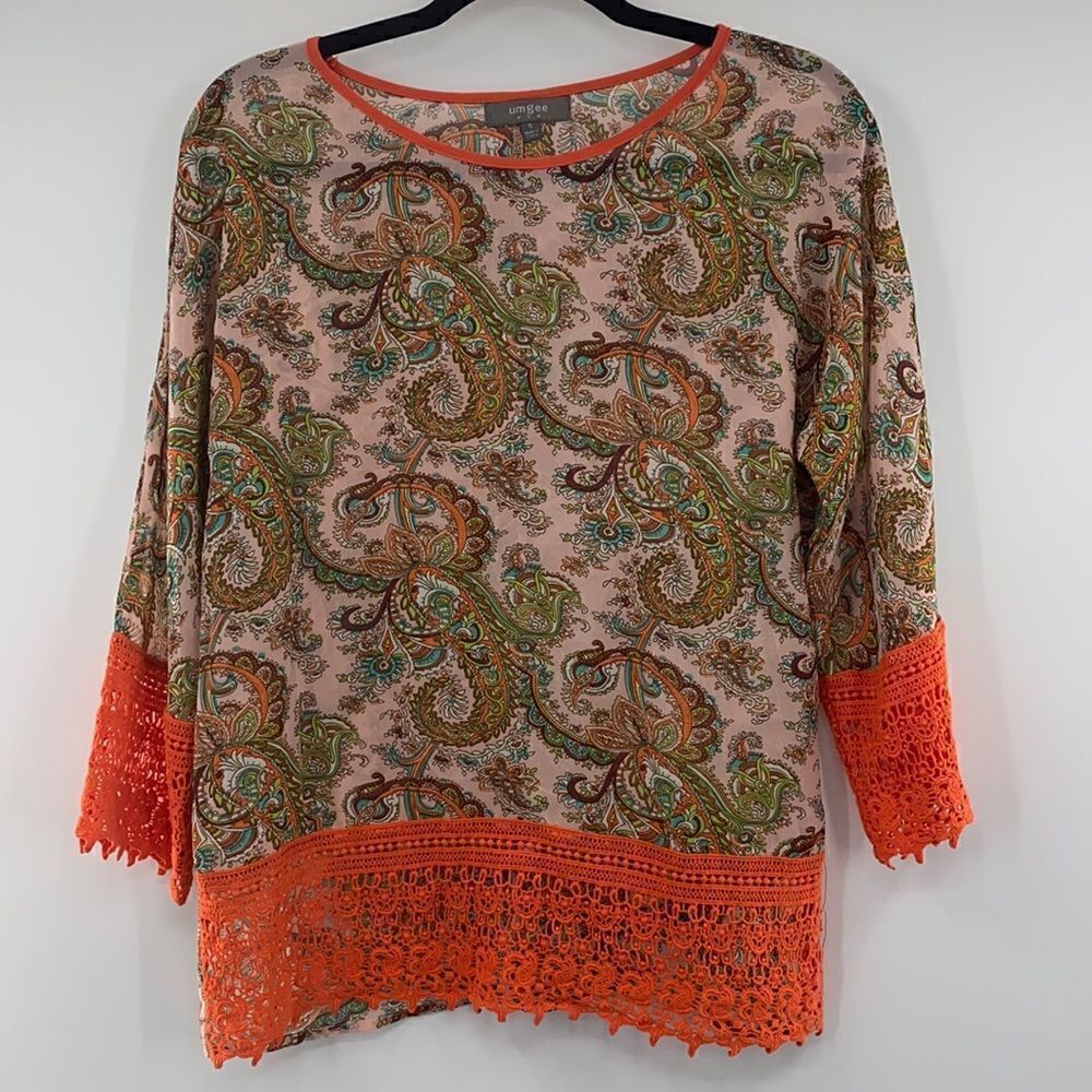 3For$20 Umgee orange Paisley/ Lace Sheer Blouse size small
